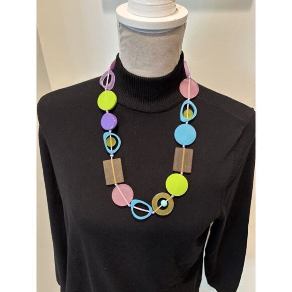 MCM Style Resin Geometric Link Candy Necklace Purple Lime 26” Modernist 1960
